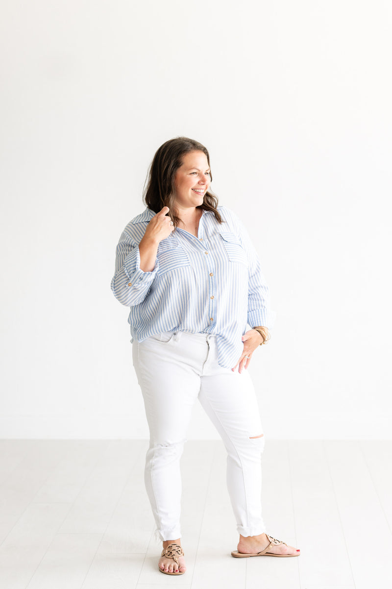 Blue Stripe Button Blouse