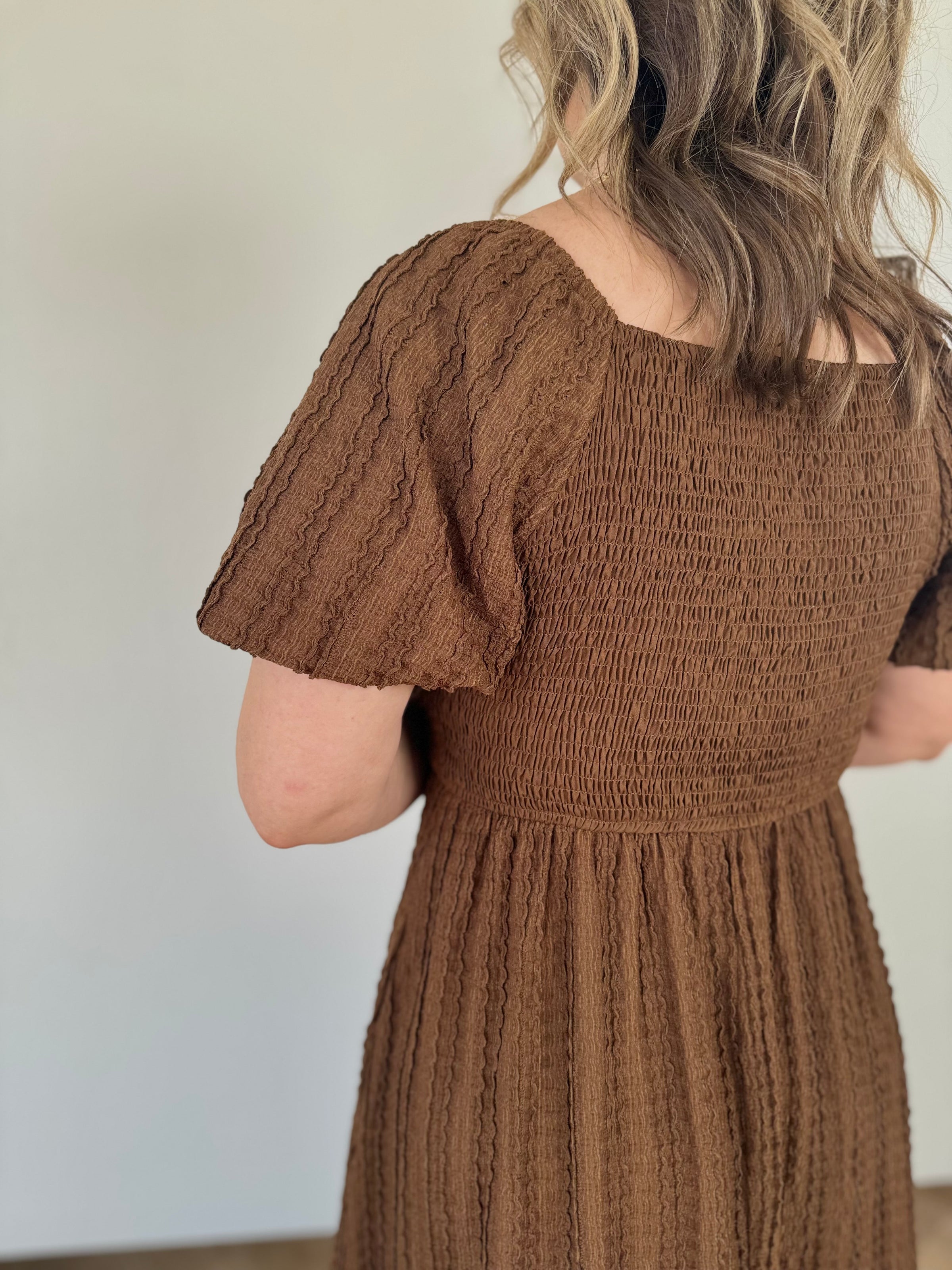 Chocolate Smocked Midi Dress