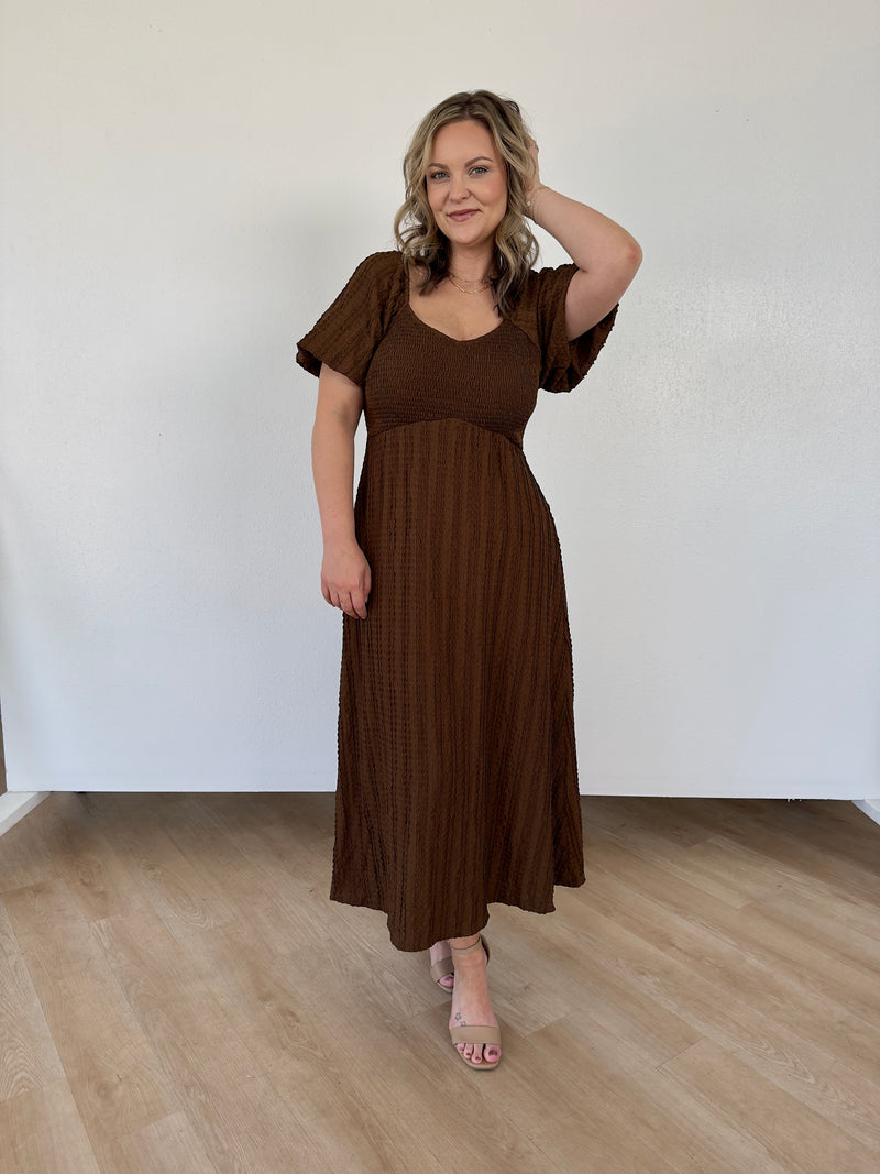 Chocolate Smocked Midi Dress