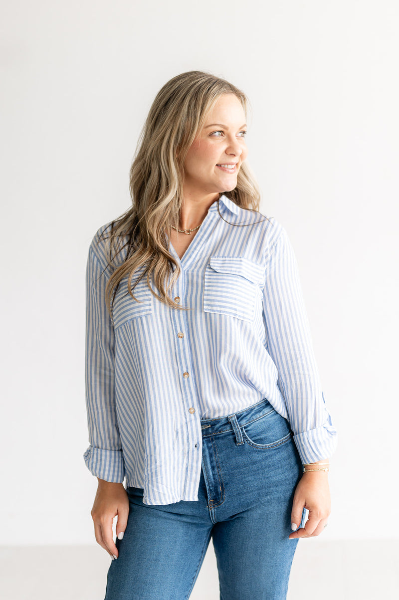 Blue Stripe Button Blouse